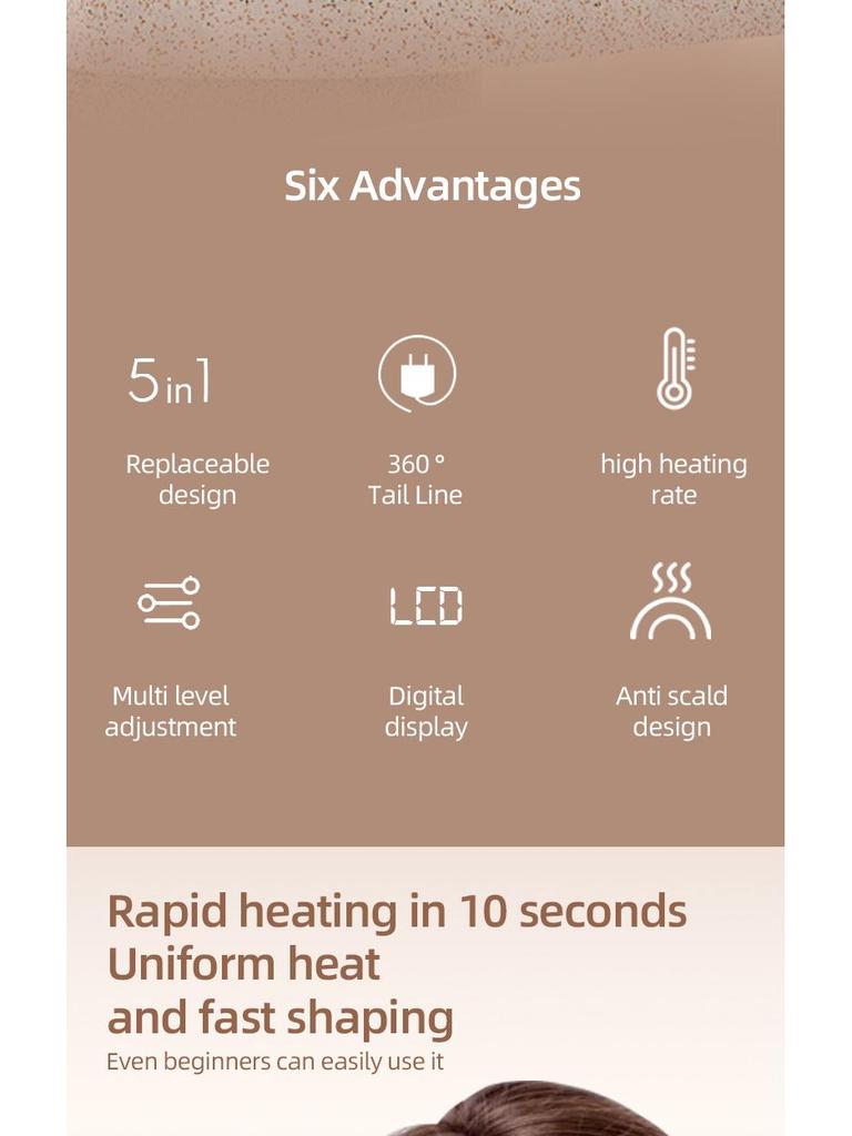 Five-in-One Interchangeable Barrel Curling Iron and Straightener with Replaceable Heads and Fluffy Comb