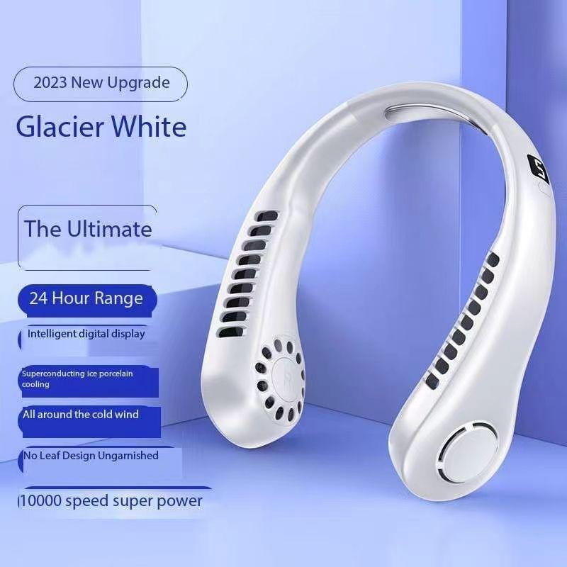 Non-Toxic Portable Mini Bladeless Mute Hanging Neck Fan Led Digital Display Ice Ceramic Body Sensation Cooling Colorful Atmosphere Lights