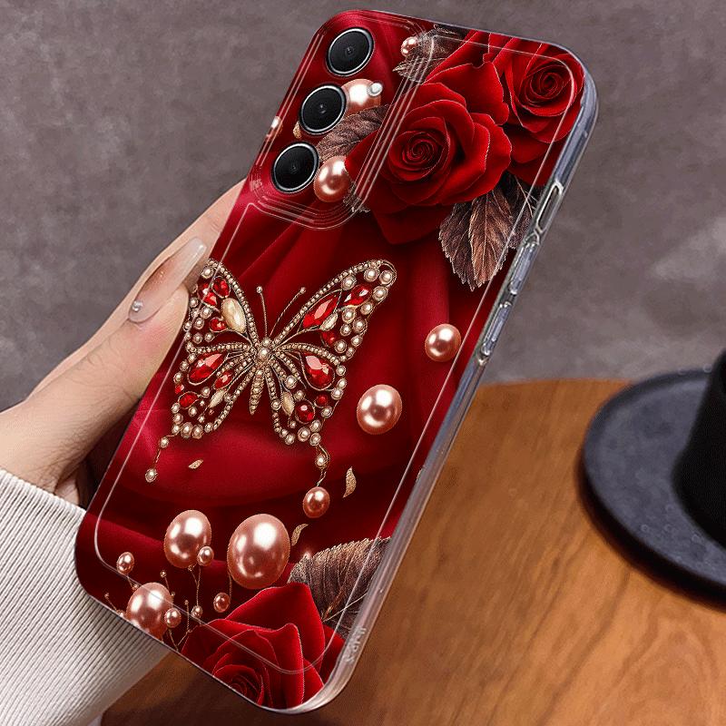 Butterfly Pearl Rose Pattern Phone Case for Samsung Galaxy S26 S25 S24 S23 S21 S20 fe/plus/Ultra Anti Drop Transparent Soft Case