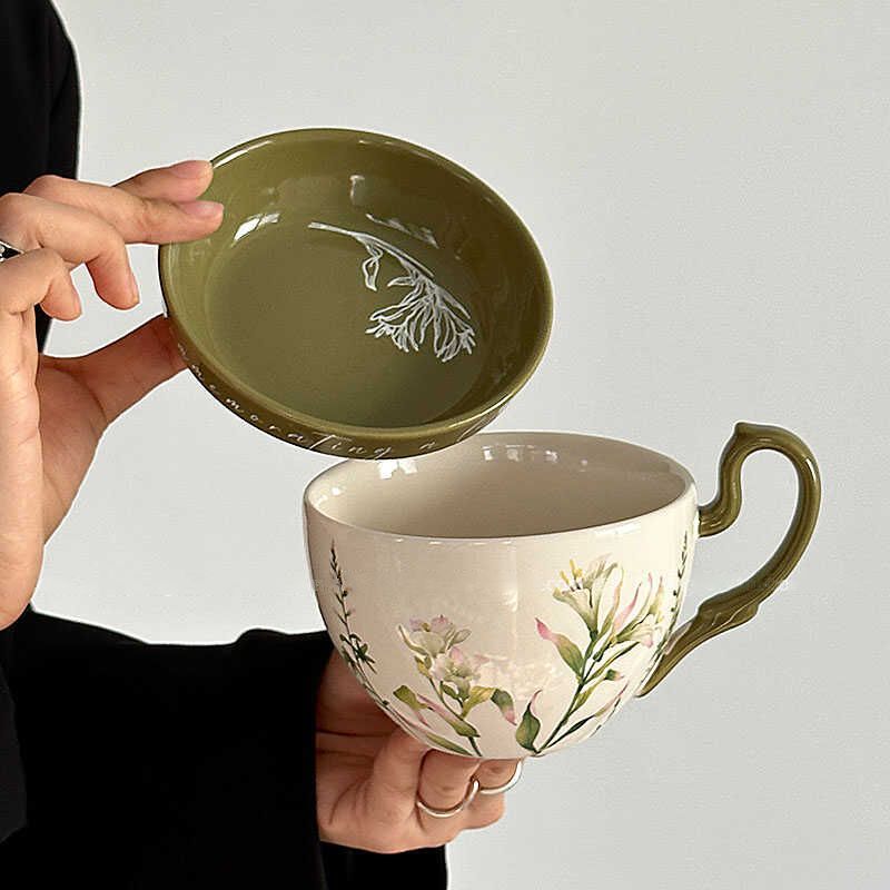 460ml Large Capacity Ceramic Cup with Cover, Breakfast Cup with Crank, Retro Rural Style Ceramic Mug Coffee Cup and Dishes Sets