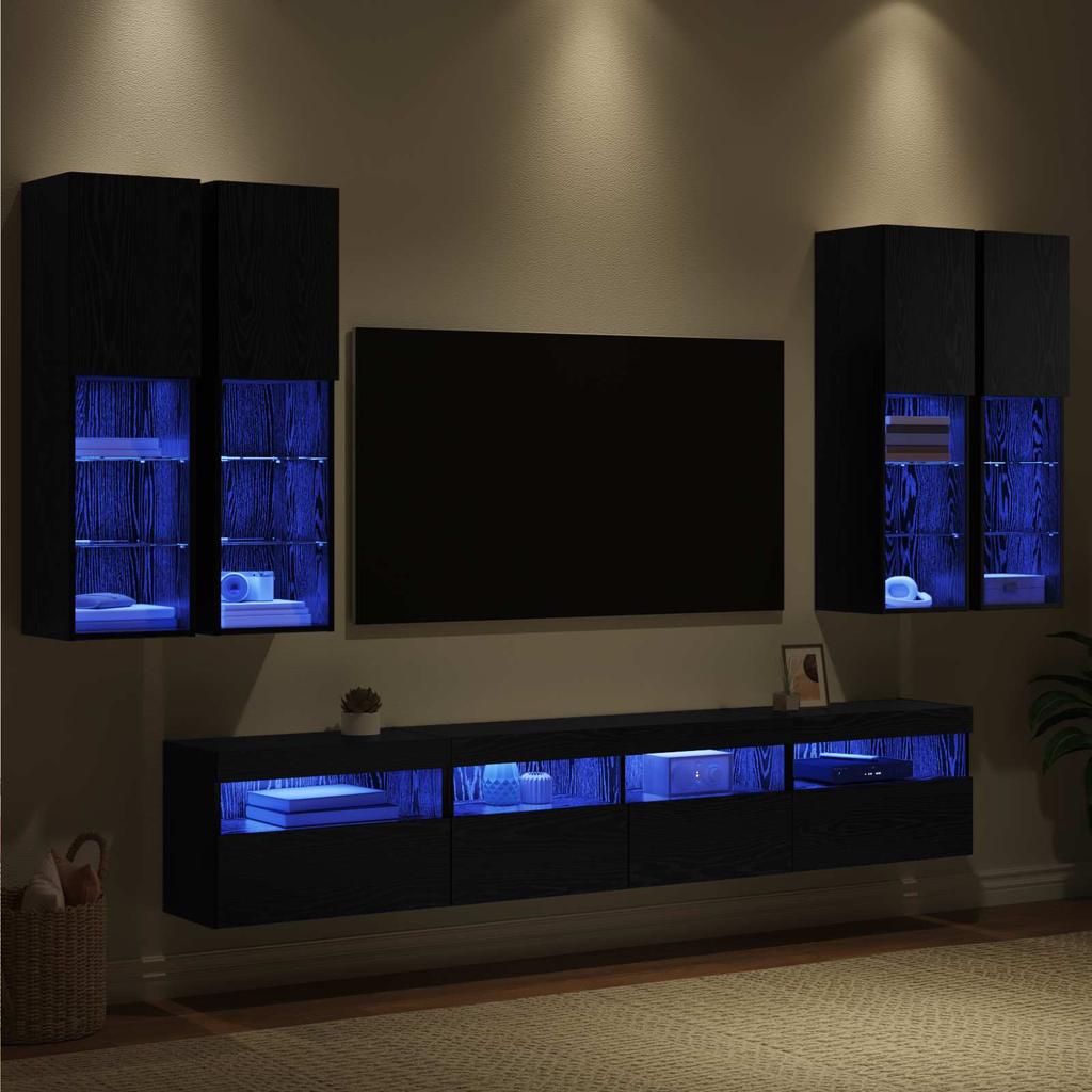 TV Wall Cabinet Set with LED Lights 7 Pcs Black Oak Effect