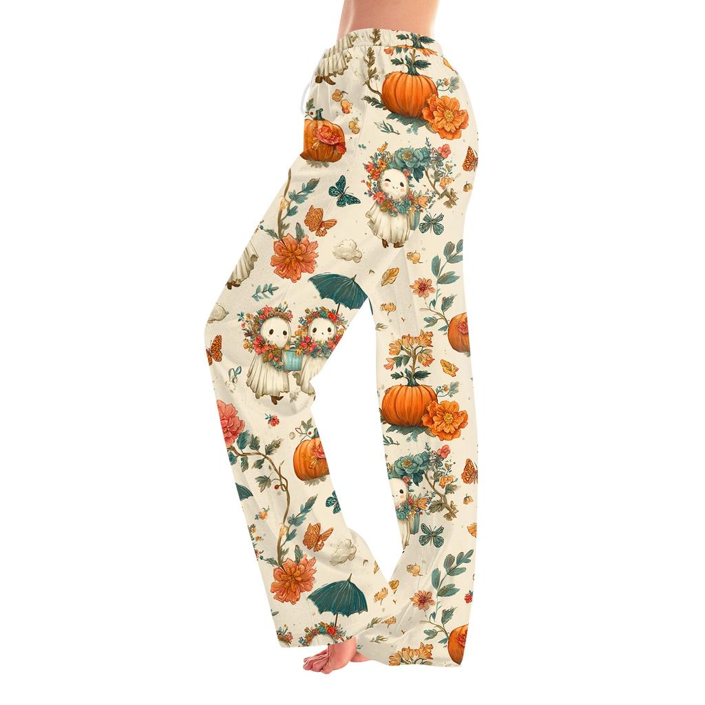 Women's Halloween Print Pants with Elastic Waist and Drawstring for Casual Home Sleepwear