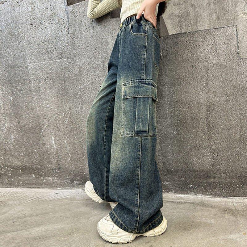 Kids Girls Loose Big Pocket Jeans Casual Pants