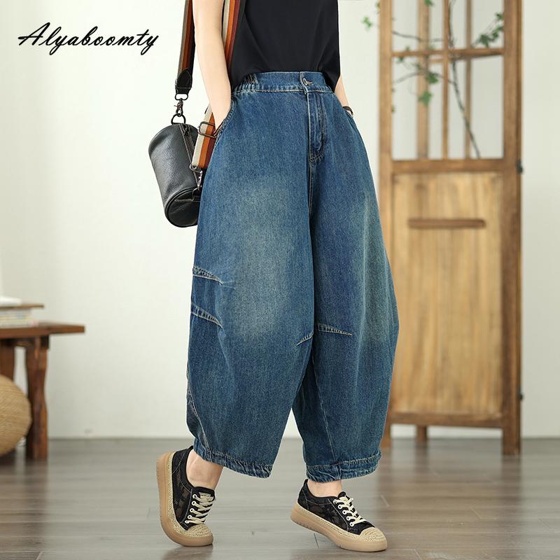 Korean Style Spring Summer Women Baggy Jeans Elastic Waist Solid Casual Loose Denim Pants Vintage Ladies' Plus Size Jeans With Pockets