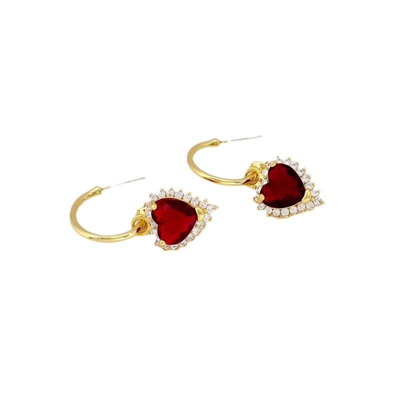 Manufacturer Supply French Fashion In Needle Earrings Women'S Red Zircon Love Earrings Earrings Spot
