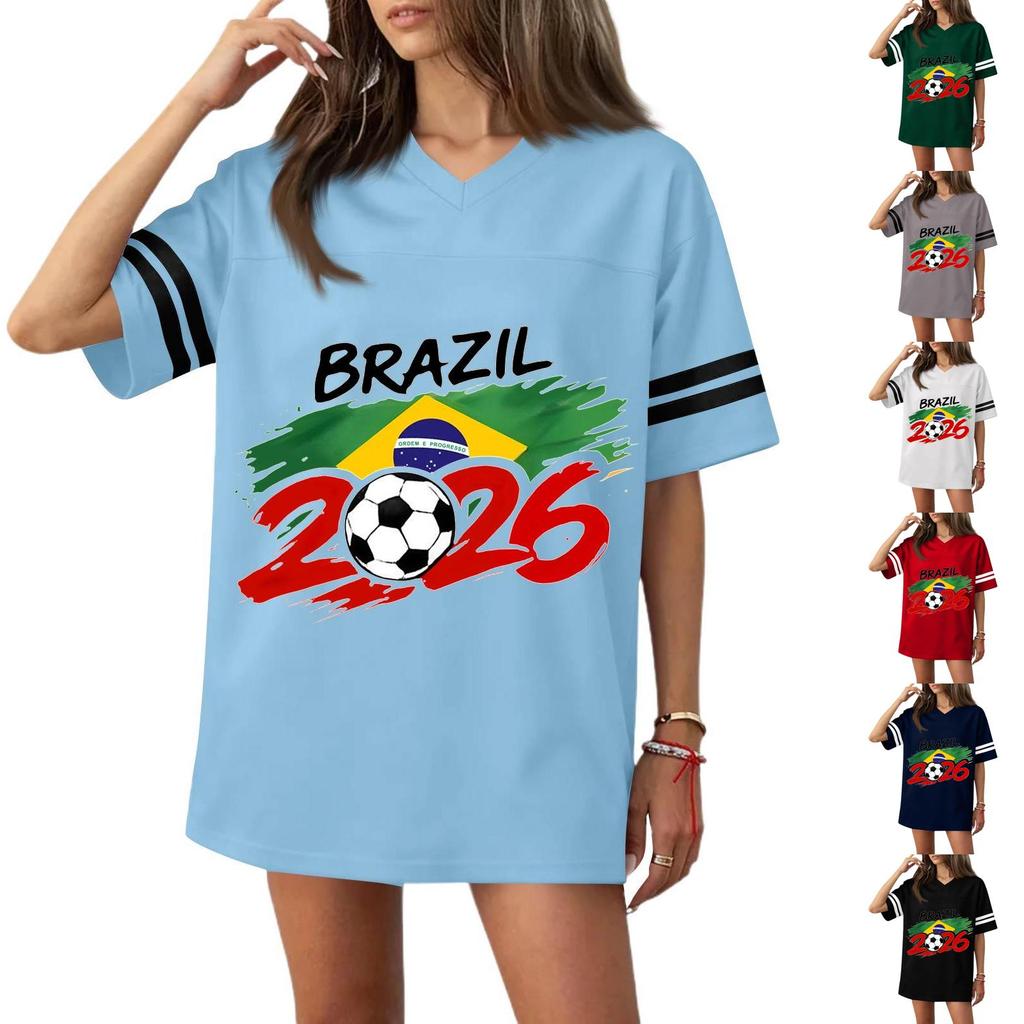 Women V Neck Short Sleeve Casual Top with Football Flag Print Loose Fit Sports T Shirt for 2026 Event Design