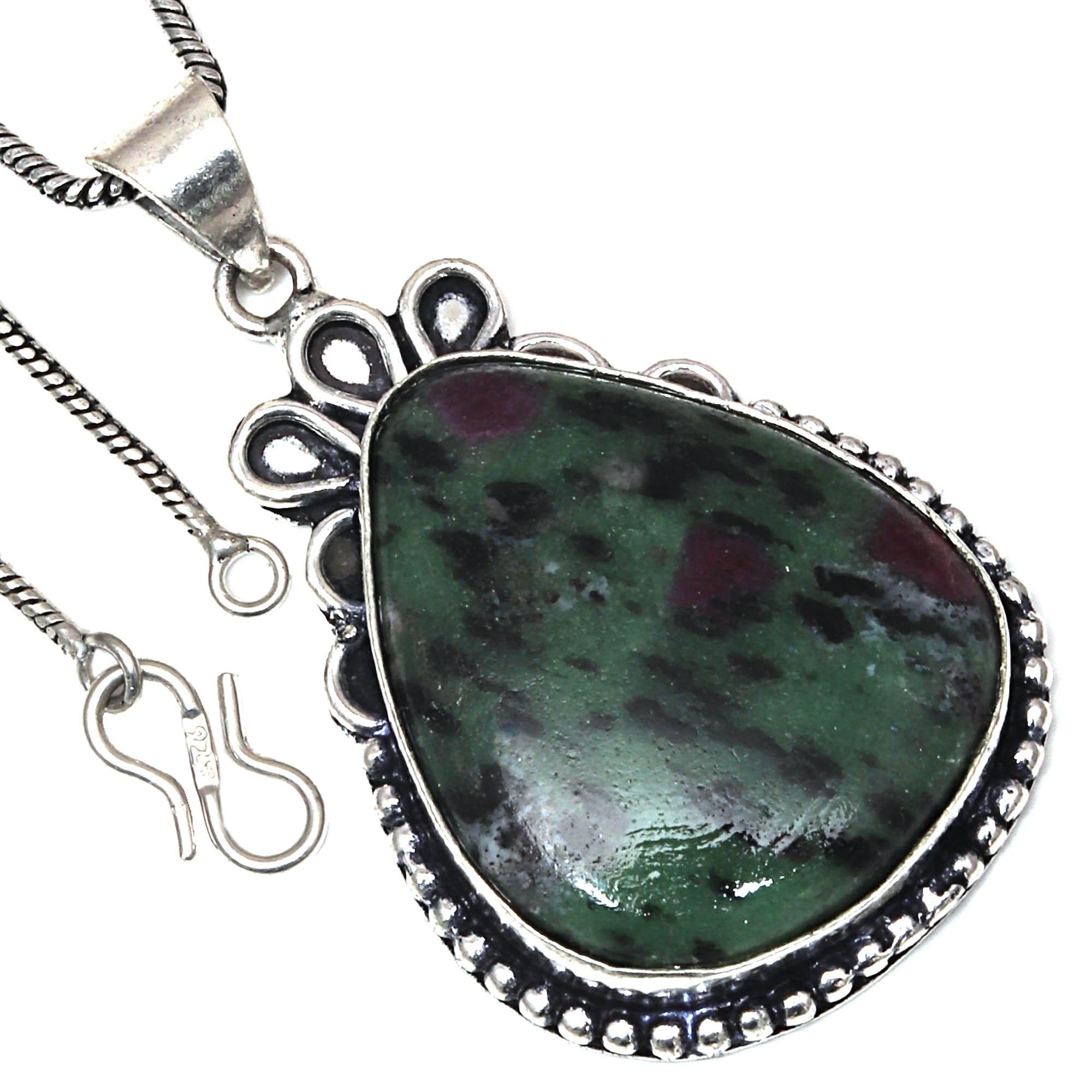 

Подвеска с рубином и цоизитом, драгоценный камень, День святого Валентина, этническое серебряное украшение 2,5 дюйма