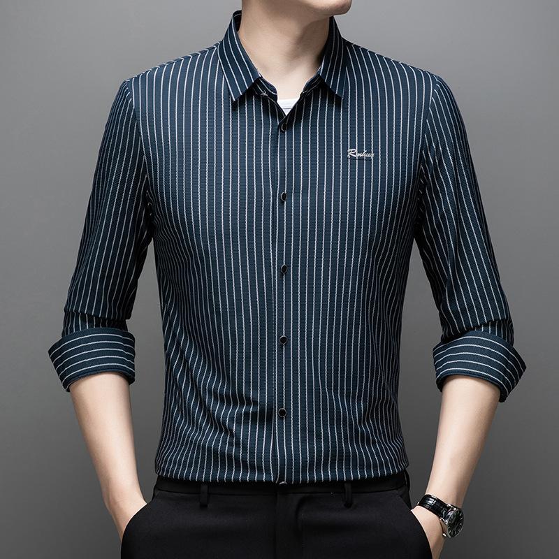 Autumn Men s Long Sleeve Shirt Wrinkle-Resistant Business Casual Yarn-Dyed Striped M