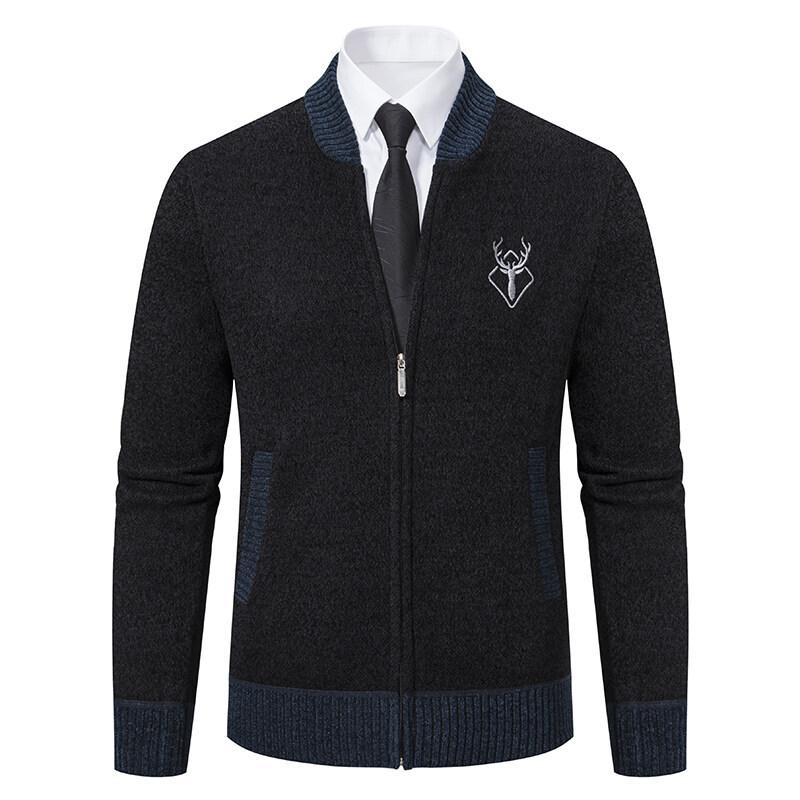 Autumn and Winter Casual Knitted Cardigan Plus Velvet Thickened Men's Baseball Collar Jacket Trendy Sweater Wear