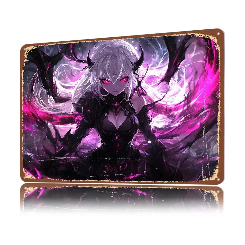 Dark Anime Girl With Horns D Texture Printed Poster Custom Vintage Metal Tin Plate Sign for Wall Art Gaming Room Decoration Man