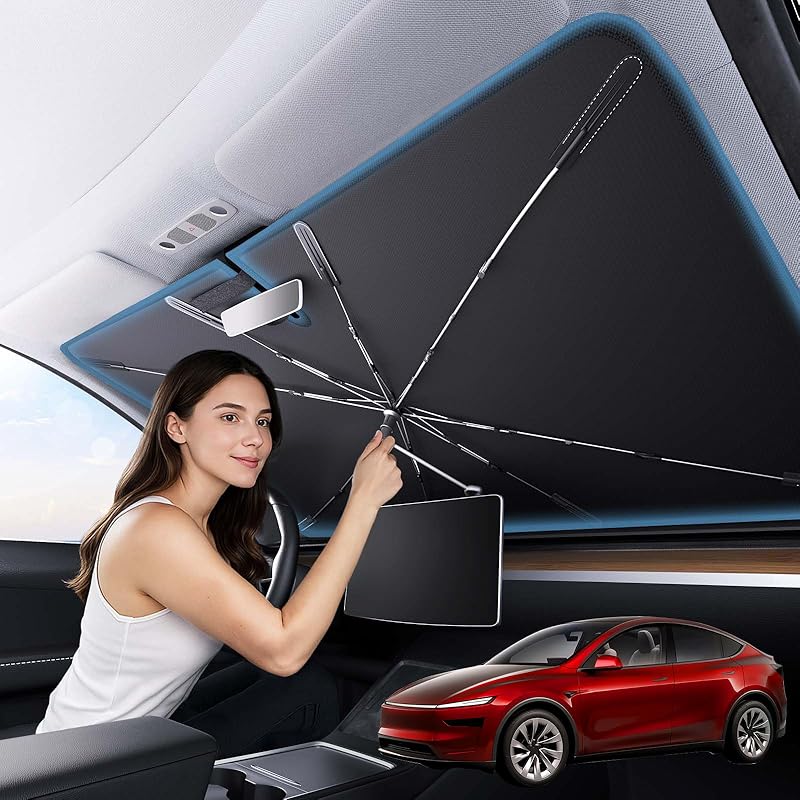 Zanch 2025 Upgraded Car Windshield Sun Shade [Cool Down By 75℉ ] With Heat Ulation Coating, Foldable Sunshade Umbrella With Flexible Handle & Ribs,