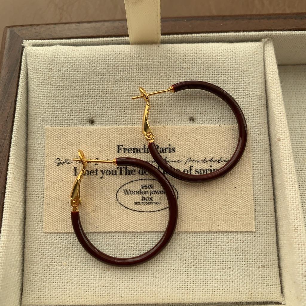 Simple Burgundy Enamel Earrings, Earrings, High-End Sense, Fashionable And Versatile, Retro Minimalist And Neat Temperament, Autumn And Winter