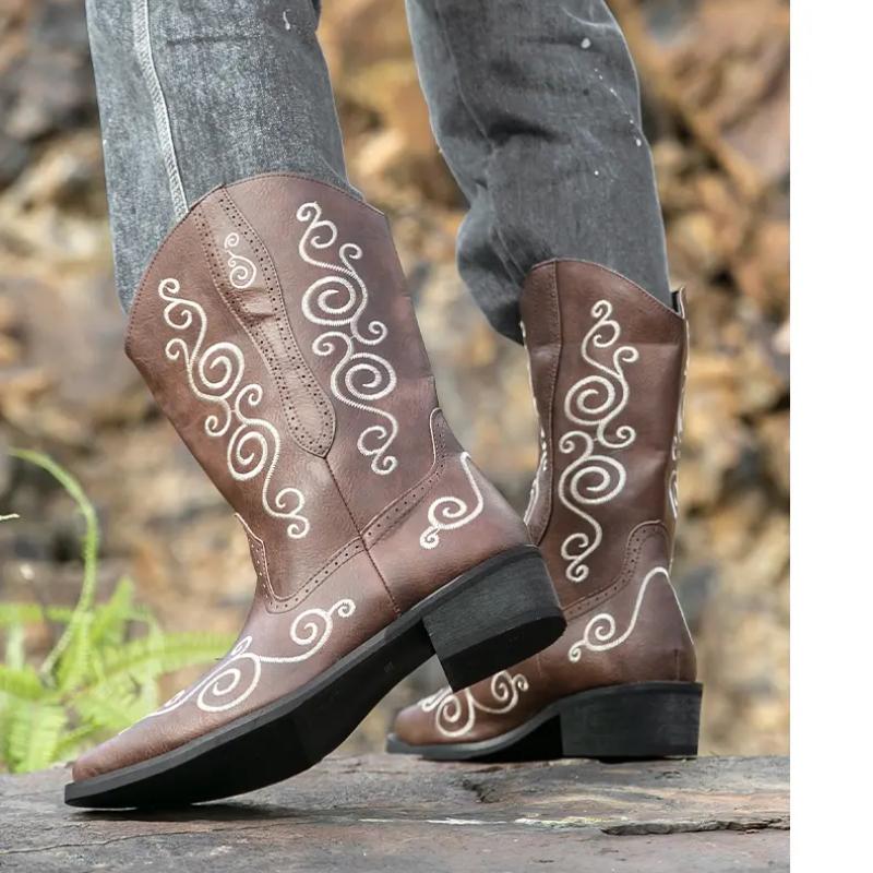 Hand Embroidered Western Cowboy Boots Men's Boots Western Cowboy Boots  Embroidered Sleeve Boots Retro Square Boots