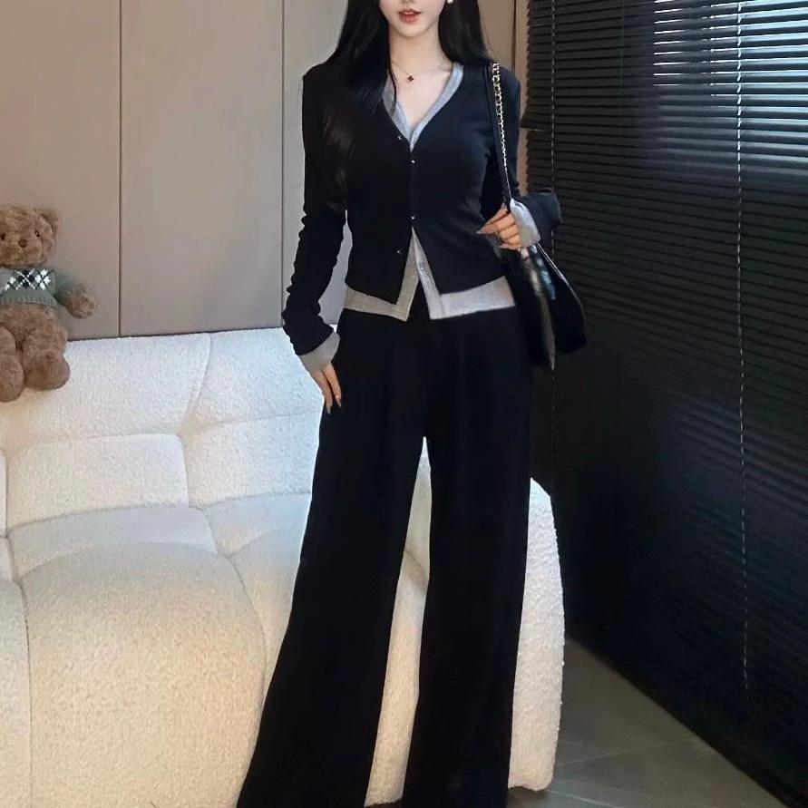 Women's Korean Style Two-Piece Set: Fake Two-Piece Long-Sleeve Top with Wide-Leg Pants - Spring/Autumn Fashion