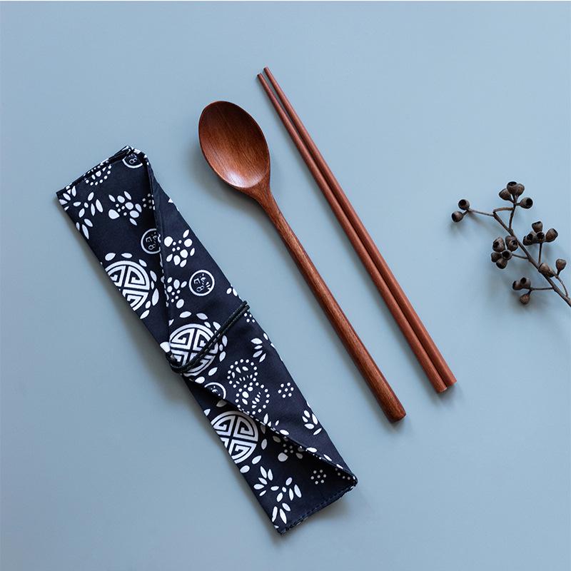 Japanese Style Cotton Linen Utensil Bag with Wooden Spoon and Chopstick Set