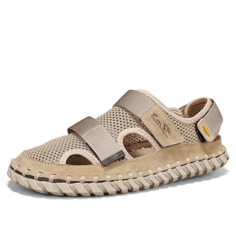 

Повседневные походные ботинки с мягкой износостойкой подошвой, мужские сандалии из коровьей кожи, сетчатые мужские туфли с отверстиями, дышащие, универсальные, красно-коричневые 46