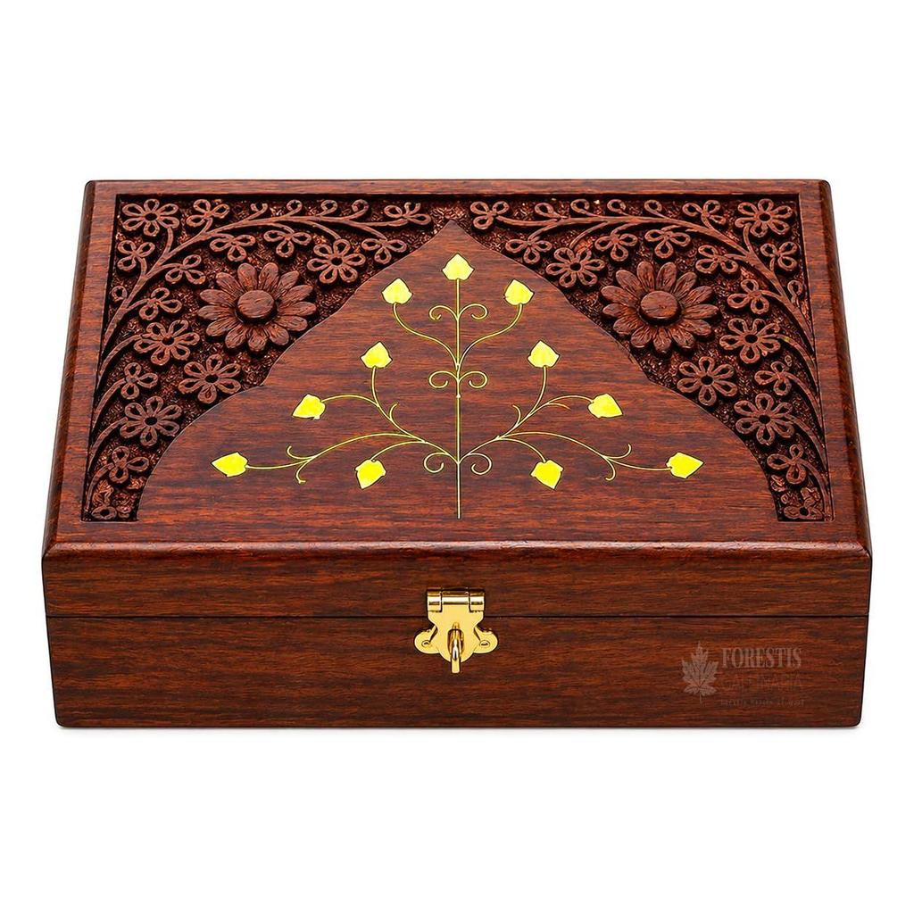 Wooden Box | Jewellery Box| Decorative Case| Kit| Vanity| Organiser For Women, Necklaces, cash, gold (8X5 Inches, Crown Natural)