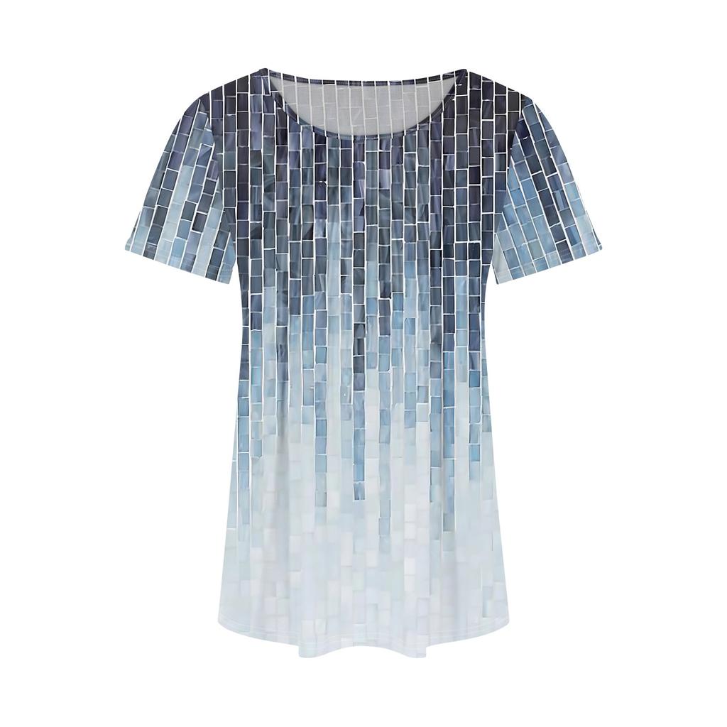 Women's Summer Fashion Casual Pleated Round Neck Print Short Sleeve T-Shirt Top