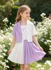 3 Pcs Girls Preppy Skirt Set, Color Block Blazer Jacket with Heart Tee and Pleated Skirt, Trendy Outfits for Kids 8-12 Years