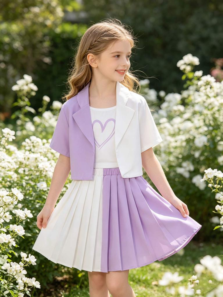 3 Pcs Girls Preppy Skirt Set, Color Block Blazer Jacket with Heart Tee and Pleated Skirt, Trendy Outfits for Kids 8-12 Years