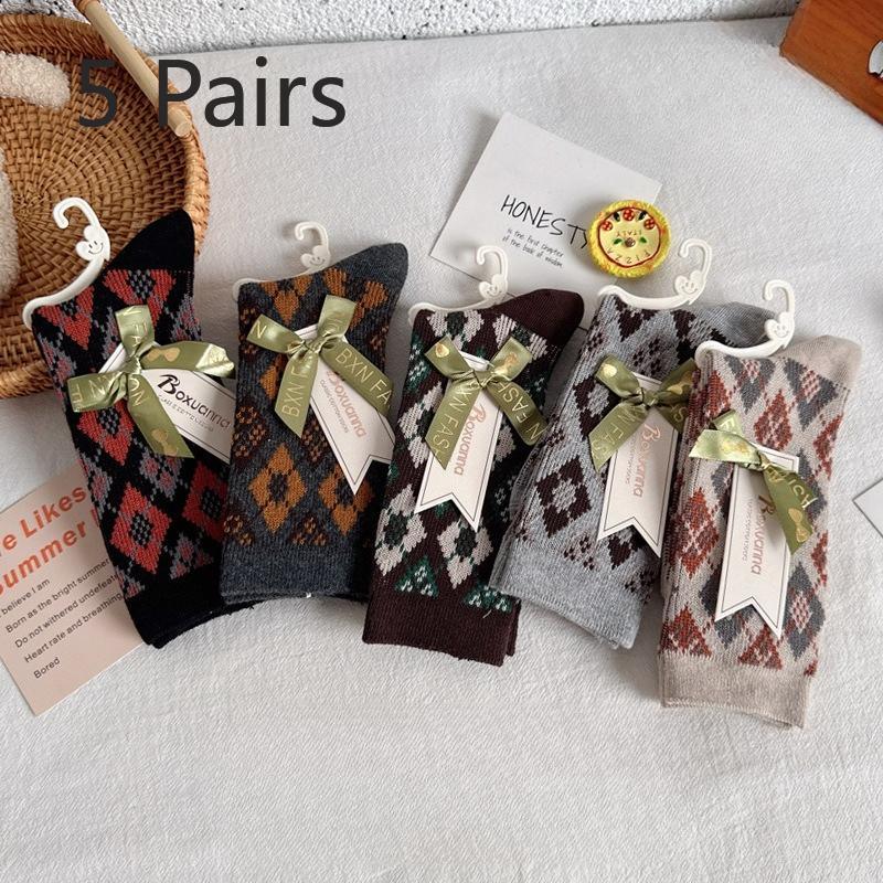 

5 Pairs Retro Socks for Women, Mid-calf Socks for Autumn and Winter, Thickened and Warm Diamond-shaped Combed Cotton Long Calf Socks for Women 5 pairs