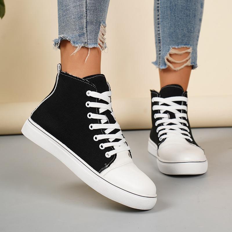 Women's Spring-Autumn Flat Lace-Up Casual Board Shoes, Fashionable Versatile Low-Top Canvas Footwear, Available In Large Sizes.