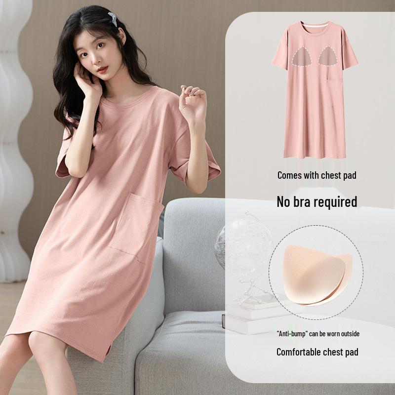 Women's Cartoon Cotton Nightgown with Bra Pads - Short Sleeve, 2024 Summer Style Pajamas