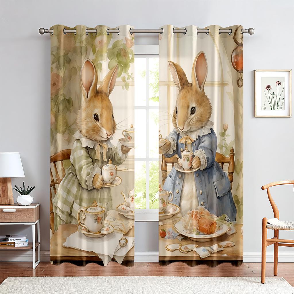 2PCS Cute Bunny Pattern Printed Curtains, Animated Cartoon Easter, Kids Room Rod Pocket Decoration Curtains, Holiday Gifts