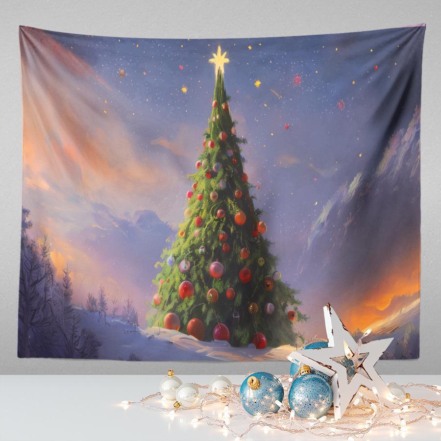 Amazon Festive Hanging Cloth Christmas Background Cloth Printed Cartoon Christmas Tree Snowman Tapestry