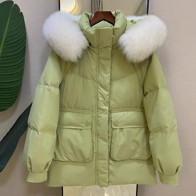 

Женская зимняя осенняя куртка с капюшоном и меховым воротником из белого утиного пуха, свободное однотонное пальто с большим карманом, утолщенное пуховое пальто S зелёный