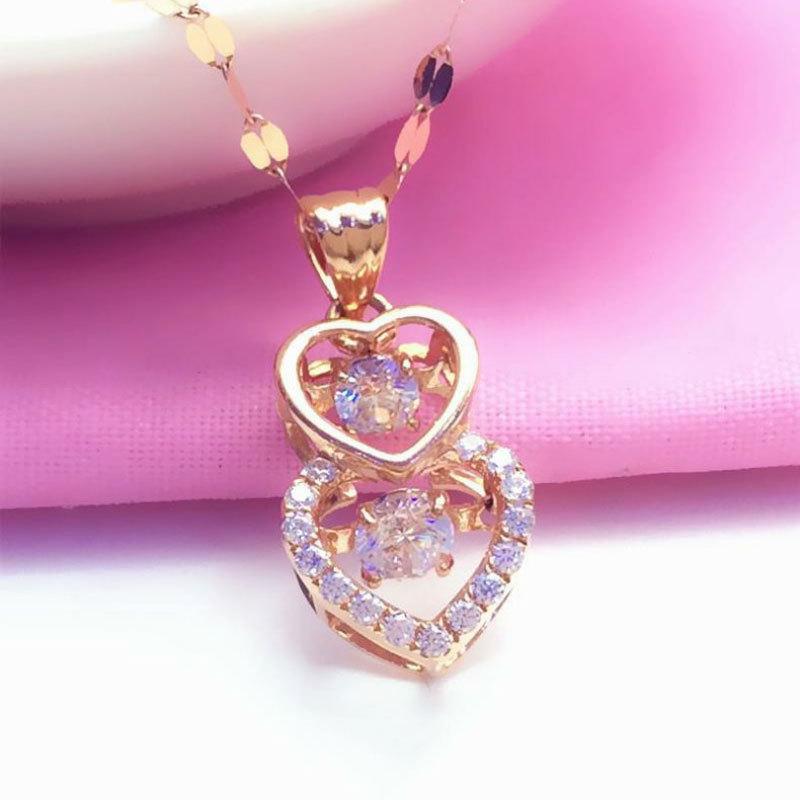 Purple Gold Luxury Full Diamond Double Heart Pendant Rose Gold Plated Color Gold Design Gorgeous Necklace