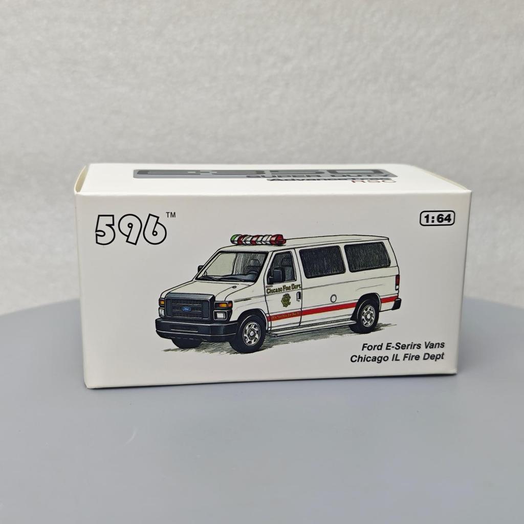 596 1:64 Ford E-Series Vans - Chicago IL Feuerwehr Simulation Legierung Mini Automodell Sammlung Ausstellung Geschenk Spielzeug
