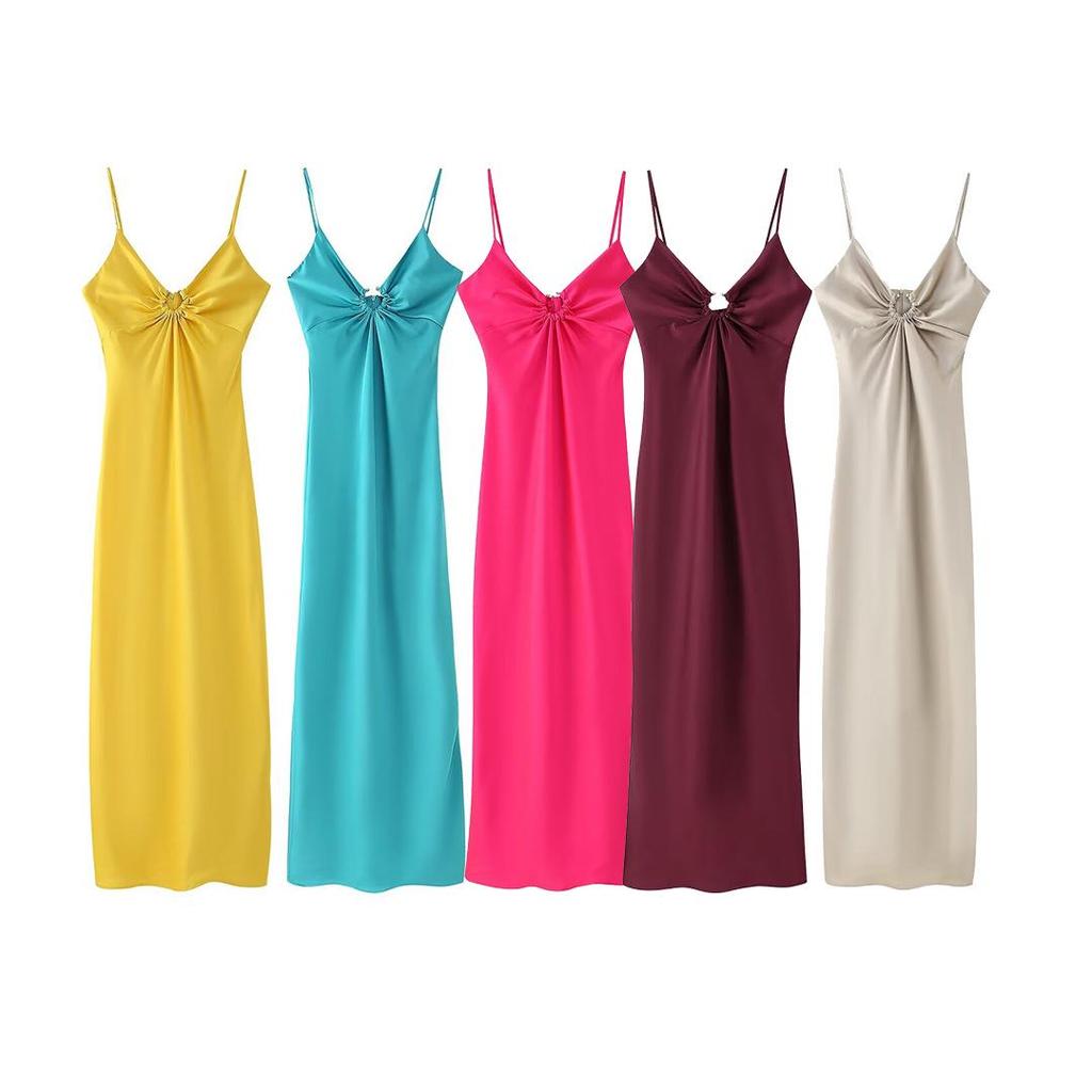 2024 Fall Women's European & American Style Satin Spaghetti Strap Dress with Long Hollow-Out Design