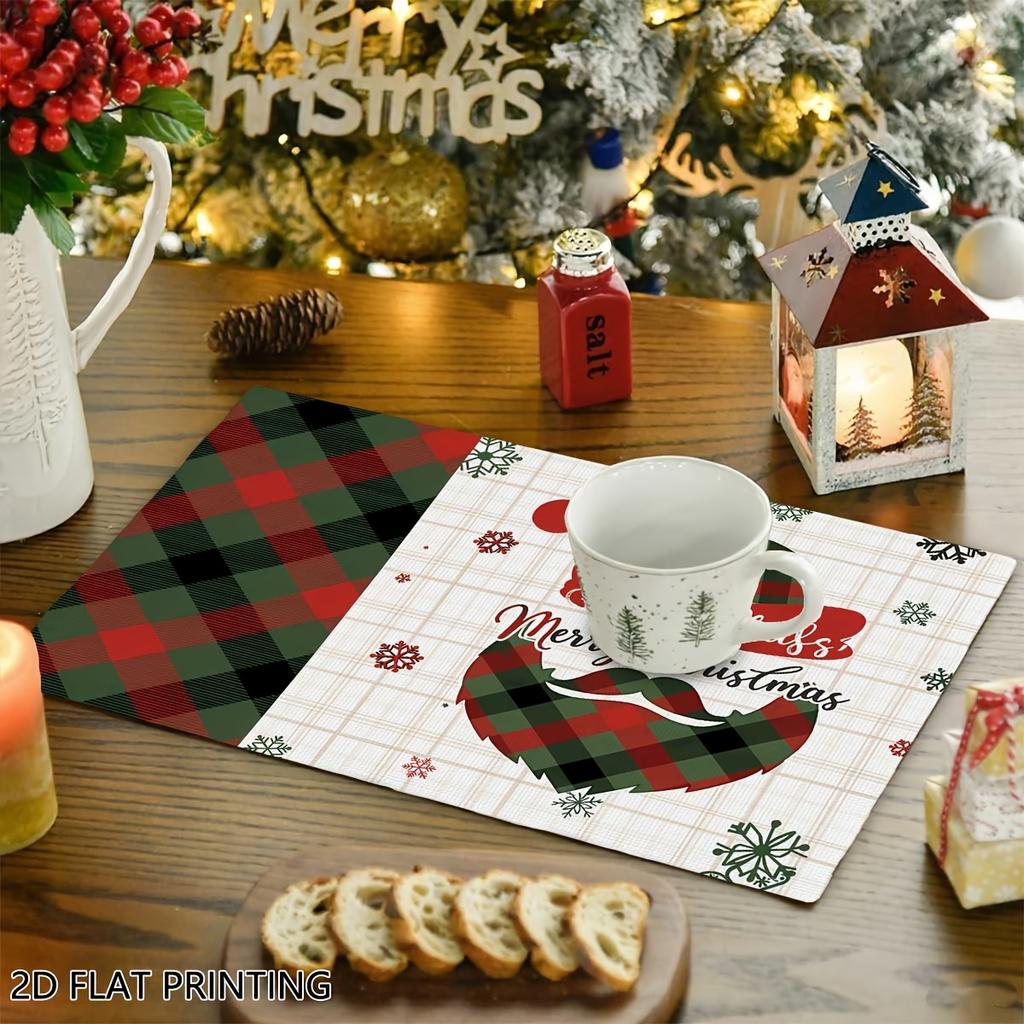 4pcs/6pcs Christmas Placemats, Plaid Santa Beard Kitchen Table Mat, Coffee Mat, Kitchen Dining Decoration, Home Decoration, Suitable for Daily Holiday