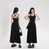 American Street Summer 2025 Backless Slimming Black Camisole Dress for Women - Sexy, Waist-Cinching Long Dress