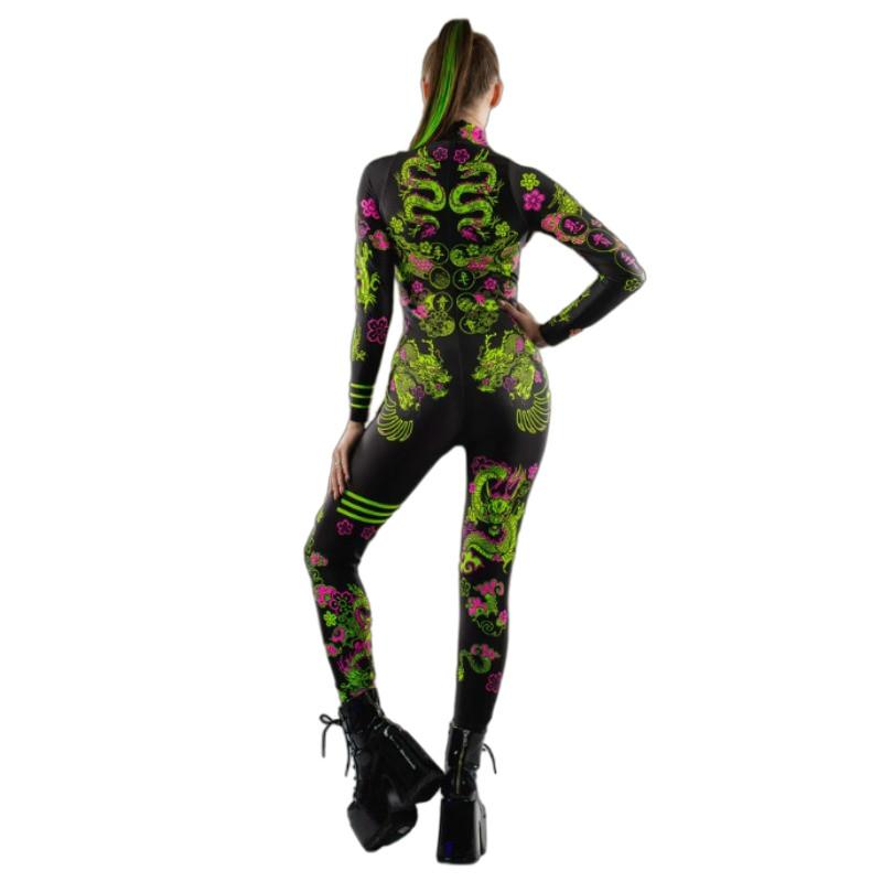 Adults Dancing Stage Party Performance Green Dragon Printing Outfit Women Halloween Cosplay Dress Up Costume Jumpsuit