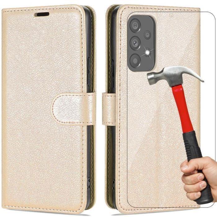 Coque de Téléphone - BOOLING - pour Samsung A33 5G - Anti Rayure - Anti-Choc - Effet Cuir Doré - avec 2 Verres Trempés