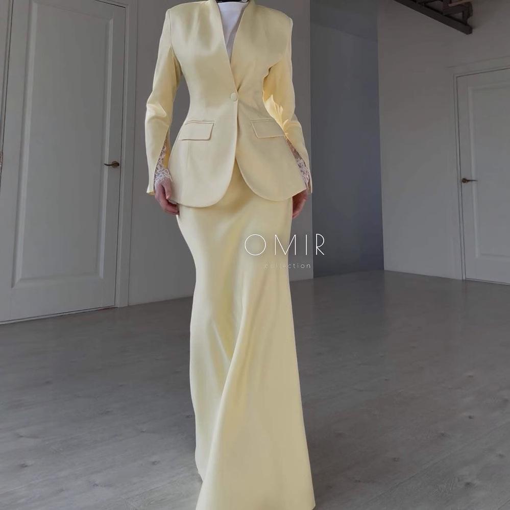 European-Size Women's Satin Suit Set: Long Sleeve, Waist-Hugging with Hip-Wrapping Skirt