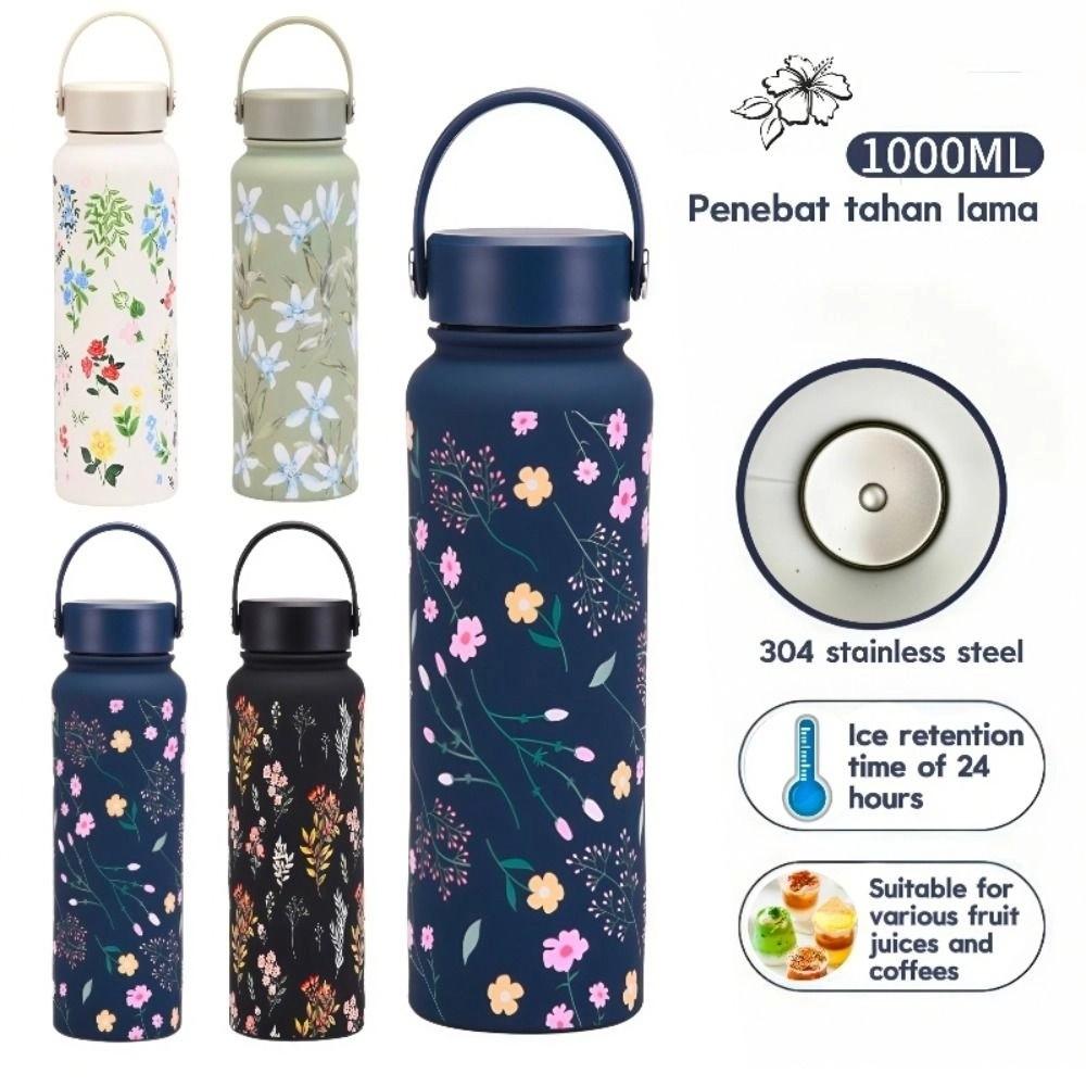 1L Outdoor Insulated Mug Creative Floral Insulated Bottle Drinkware Thermal Water Bottle  Household
