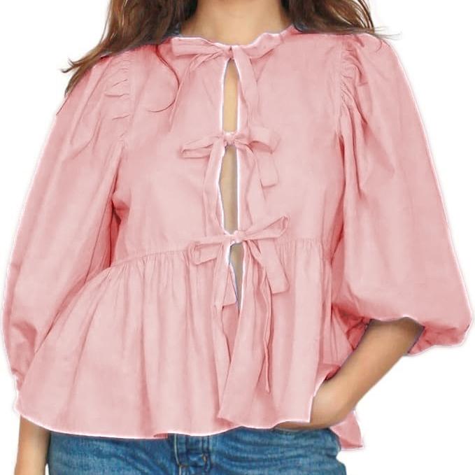 Jarní trička s O výstřihem s kontrastní mašlí na šněrování pro ženy Volná dlouhá halenka s lucernovými rukávy