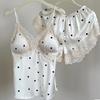 Korean Version of Pajamas Women's Summer Thin Ice Silk Suspender Shorts Set Sweet Wind Polka Dot Lace Nightdress Loungewear