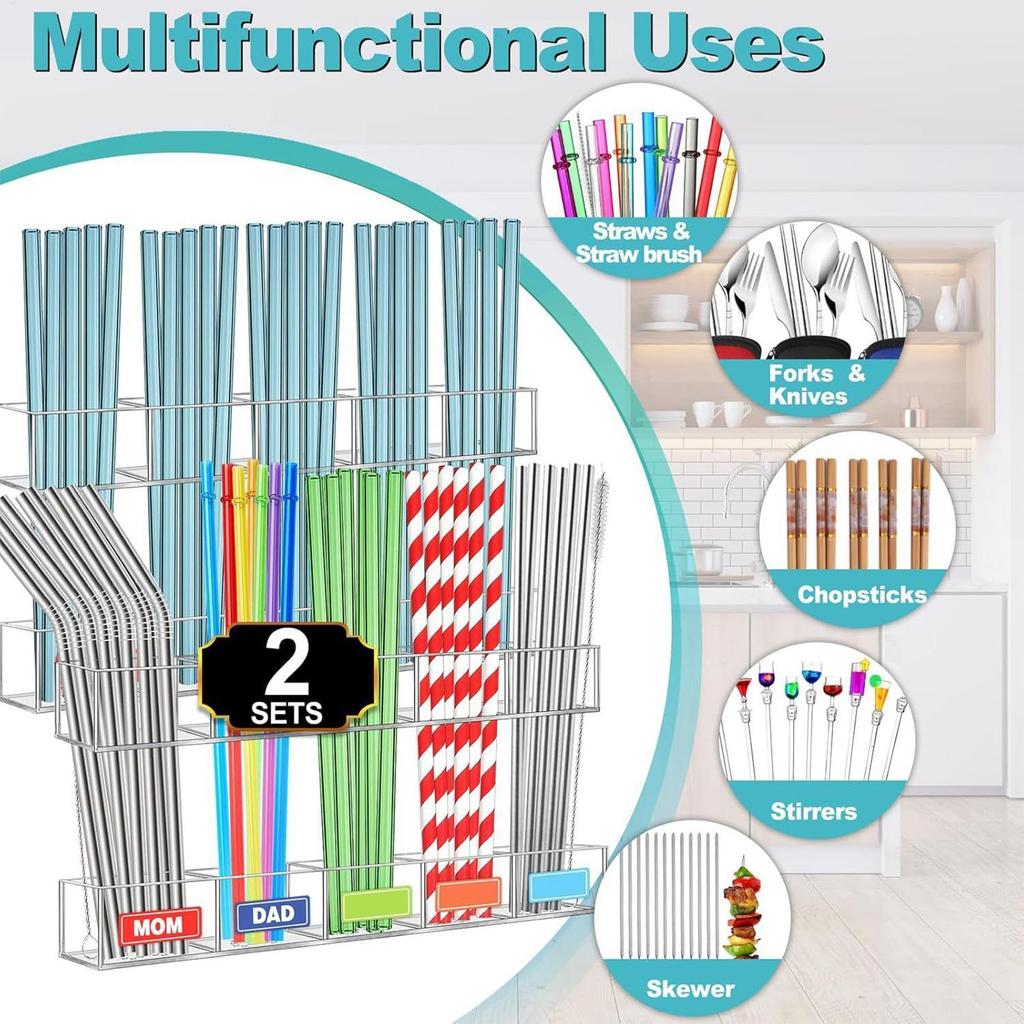 Dolap Kapısı İçin Pipet Tutucu Akrilik Yapışkanlı İçme Pipetleri Dispenseri Yeniden Kullanılabilir Mutfak Depolama Tezgah Düzenleyici Kafe İçin