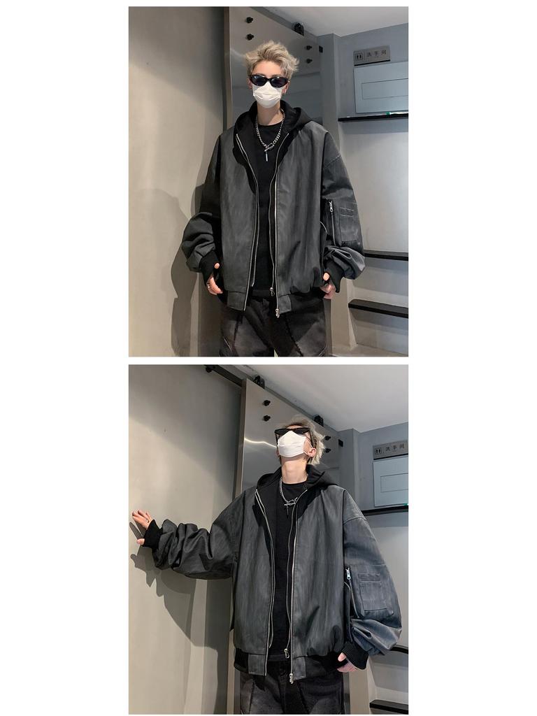 Herren Frühling & Herbst Trendige Lederjacke mit Kapuze - Zweiteiliger Stil, Amerikanischer Street Dark Rogue, Lockere Passform Pilotendesign