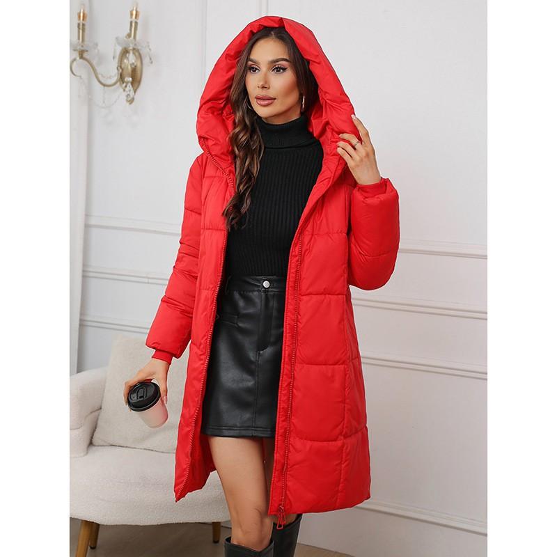 Womens Thick Warm Long Cotton Puffer Coat With Hood Slim Fit Mid-Length Winter Jacket In Solid Colors