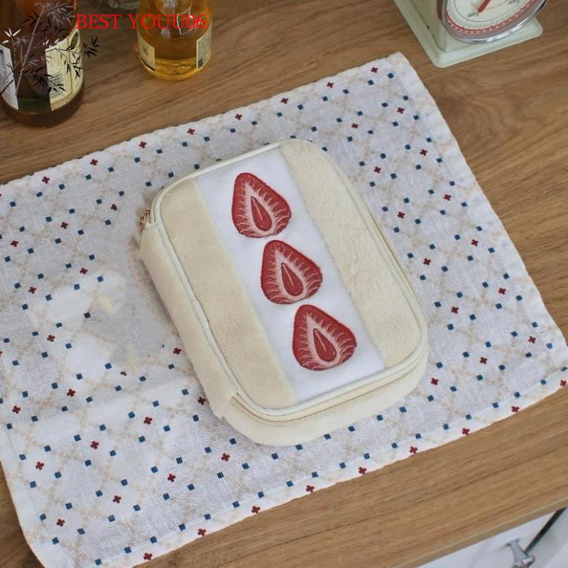 (YOUU06)Cute Embroidered Strawberry Pencil Case Stationery Pen Box Multi Functional Large Capacity Makeup Bag Storage Bag