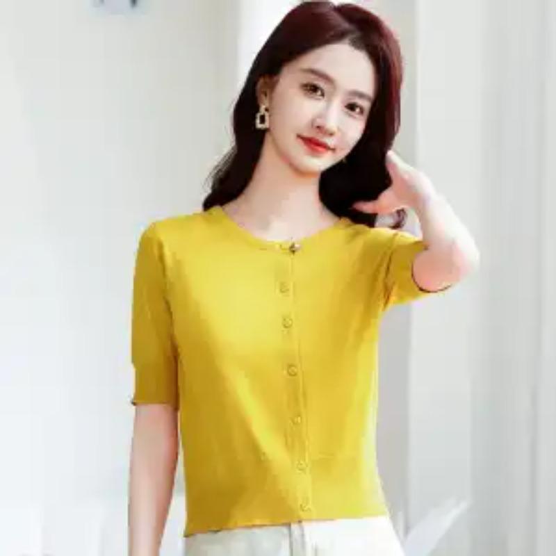Spring Women s Elegant Solid Button Up Short Sleeve Knitted Blouse S