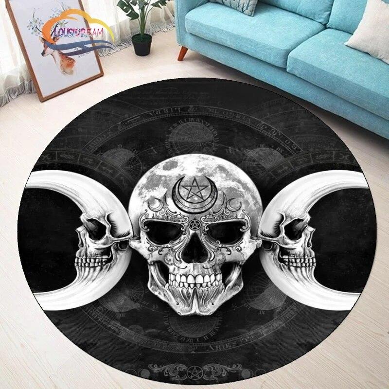 Pentagram Carpet Moon Satanic Round Rug Skull &  , Wicca  White  On Black  Goth Home Decor Chair Mats