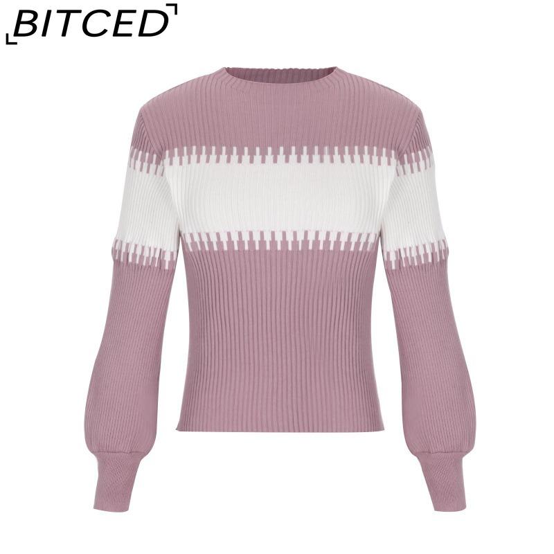 BITCED Color-Block Striped Sweater with Lantern Sleeves Women's O-Neck Top in European Style