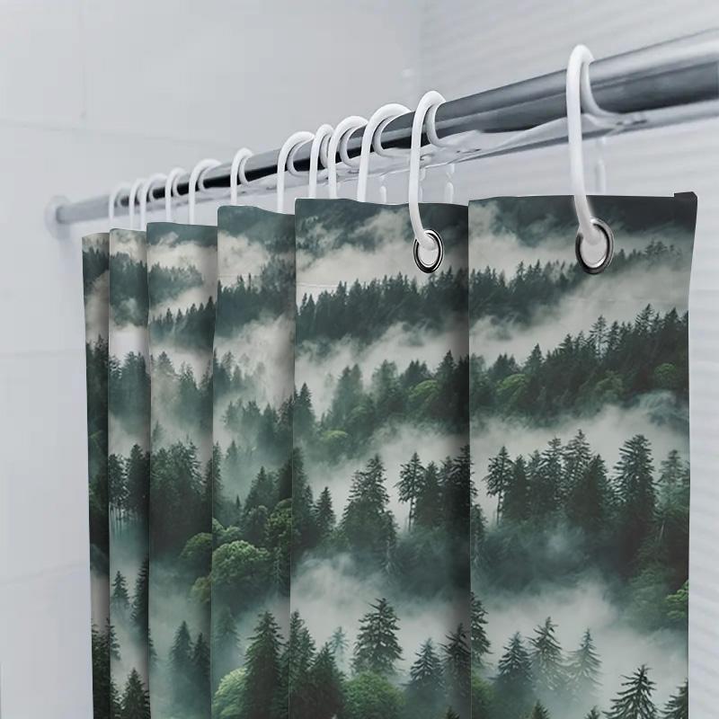 Nature Lovers Paradise Forest Shower Curtain Misty Mountains Dense Greenery Bath Decor Serenity Spa Style Complimentary Hook
