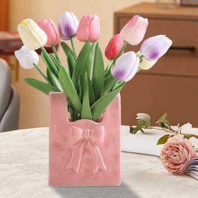Ceramic Vase with Bow Knot Accent Pink White Bow/Handbag/Bouquet Flower Vase for Living Room Dining Shelf Table Desktop Decor